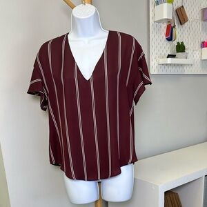 LUSH Women’s Striped Flutter Sleeve Maroon and White v-neck Blouse Size Small